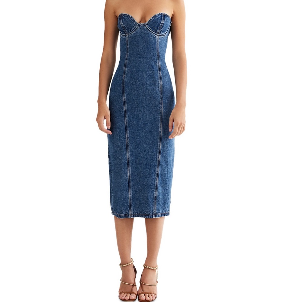 Lioness Strapless Denim Midi Dress in Blue